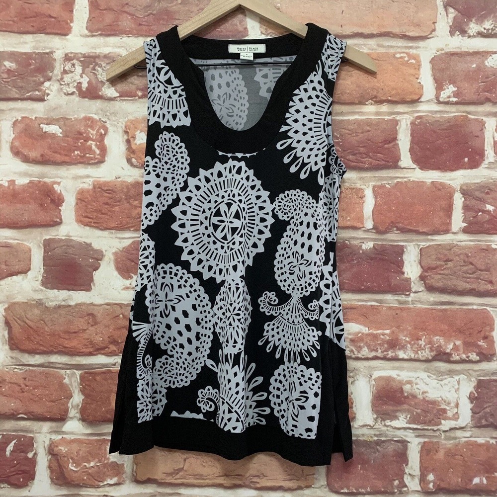WHBM Top Women's Small Black White Boho Abstract Everyday Sleeveless Blouse